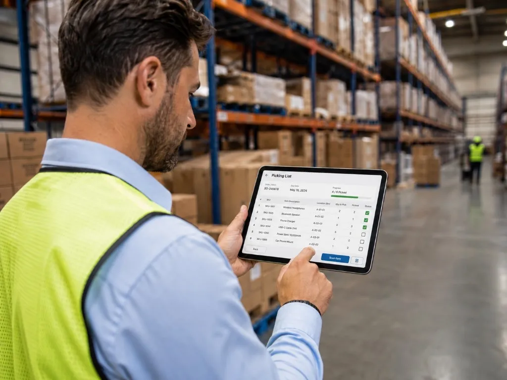 A warehouse worker using a picking-list app on a tablet